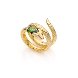 Anello Serpente Spirale UNOAERRE Bronzo Dorato | Testa Smaltata Verde | Gioiello Snake Ring Made in Italy