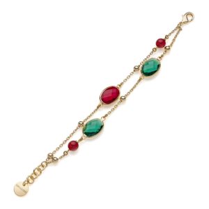 Bracciale UNOAERRE Bronzo Dorato (2265) | Catena con Gemme Rosse e Verdi | Gioiello Elegante Made in Italy