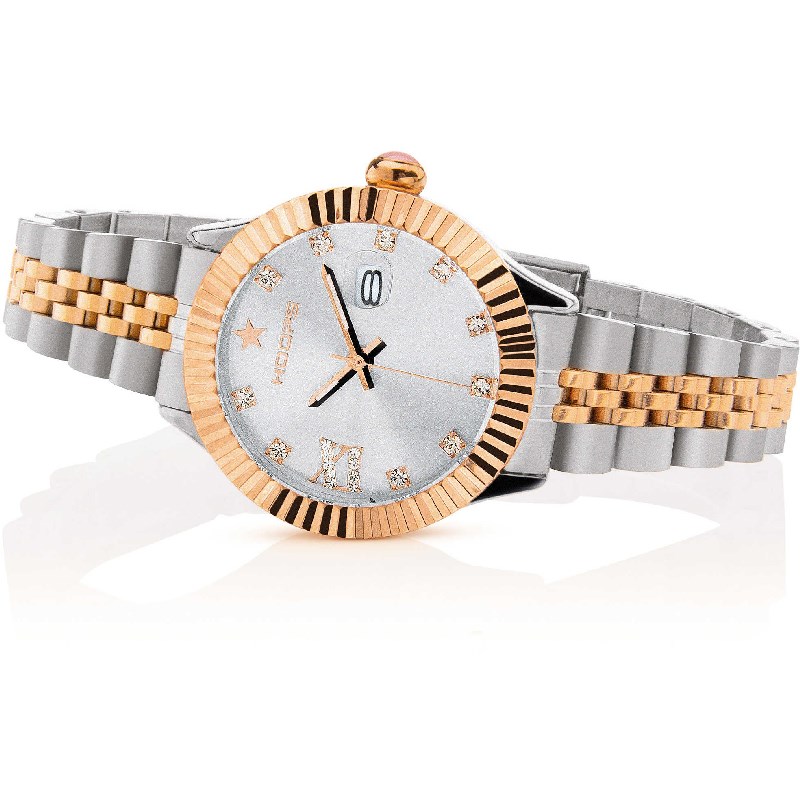 Orologio Hoops 2619LSRG03 Donna Bicolore Acciaio Oro Rosa | Lunetta Godronata | Quadrante Bianco Diamantato | Datario