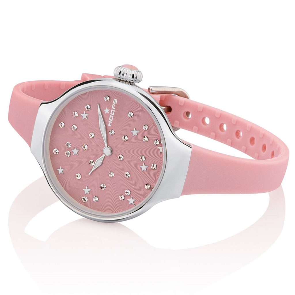 Orologio Hoops 2639L-05 Donna Elegante Silver | Quadrante Rosa Glitter Strass | Cinturino in Silicone/Gomma Rosa Chiaro