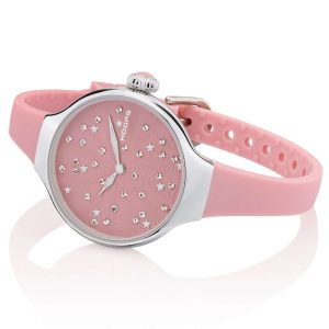 Orologio Hoops 2639L-05 Donna Elegante Silver | Quadrante Rosa Glitter Strass | Cinturino in Silicone/Gomma Rosa Chiaro