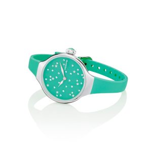 Orologio Hoops 2639L-06 Donna Elegante Silver | Quadrante Verde Glitter Strass | Cinturino in Silicone/Gomma Verde Acqua