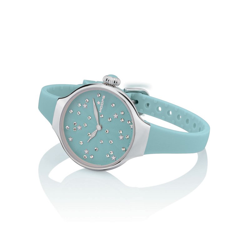 Orologio Hoops 2639L-07 Donna Elegante Silver | Quadrante Azzurro Strass Stelle | Cinturino in Silicone/Gomma Celeste