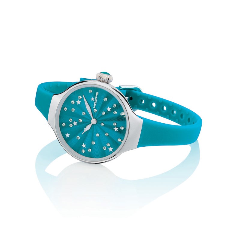 Orologio Hoops 2639L-09 Donna Elegante Silver | Quadrante Turchese Glitter Strass | Cinturino in Silicone/Gomma Verde Acqua
