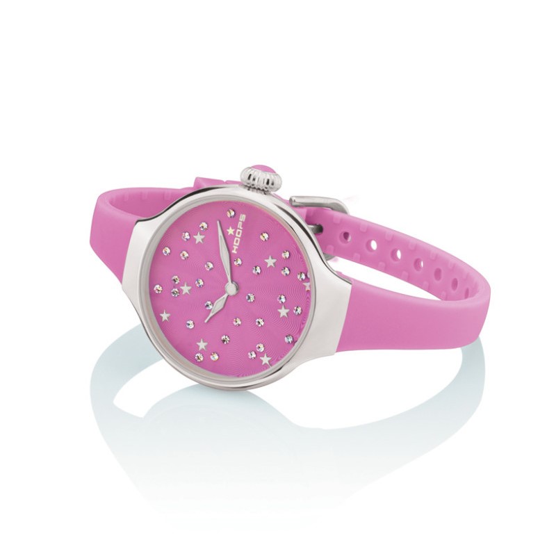 Orologio Hoops 2639L-10 Donna Elegante Silver | Quadrante Fucsia Glitter Strass | Cinturino in Silicone/Gomma Rosa Pop