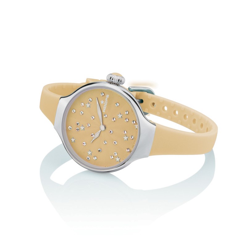 Orologio Hoops 2639L-12 Donna Elegante Silver | Quadrante Beige Glitter Strass | Cinturino in Silicone/Gomma Color Sabbia