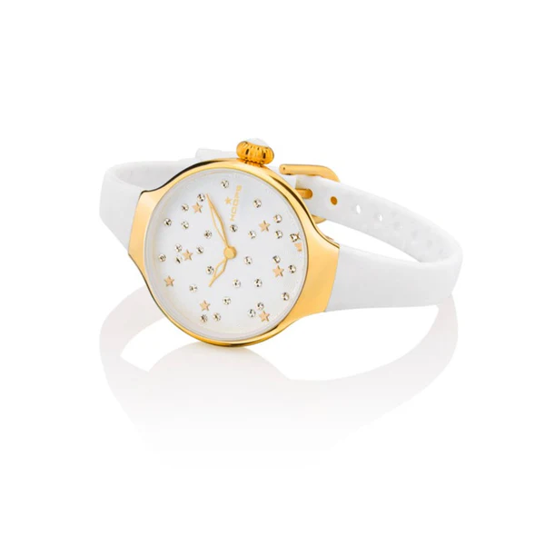 Orologio Hoops 2639LG-02 Donna Elegante Oro Giallo | Quadrante Bianco Strass Glitter Stelle | Cinturino in Silicone/Gomma Bianca