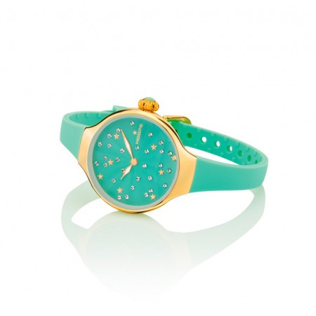 Orologio Hoops 2639LG-06 Donna Elegante Oro Giallo | Quadrante Verde Menta Glitter Strass Stelle | Cinturino in Silicone/Gomma Verde Acqua
