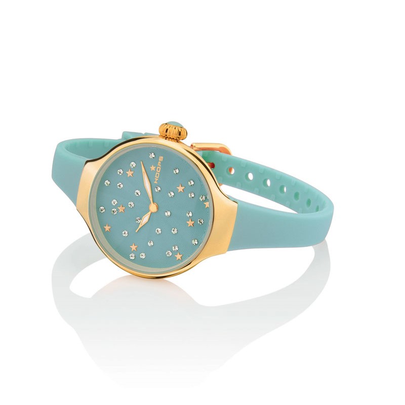Orologio Hoops 2639LG-07 Donna Elegante Oro Giallo | Quadrante Menta Glitter Strass Stelle | Cinturino in Silicone/Gomma Verde Acqua