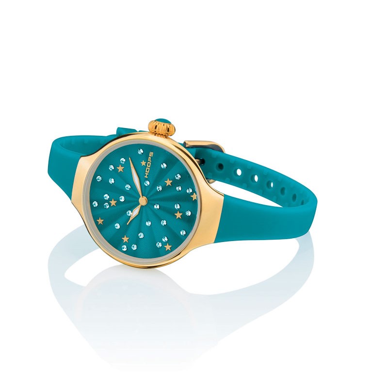 Orologio Hoops 2639LG-09 Donna Elegante Oro Giallo | Quadrante Turchese Glitter Strass Stelle | Cinturino in Silicone/Gomma Turchese