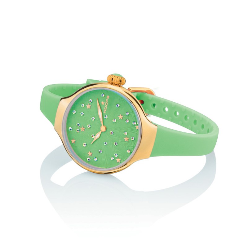 Orologio Hoops 2639LG-11 Donna Elegante Oro Giallo | Quadrante Verde Mela Glitter Strass Stelle | Cinturino in Silicone/Gomma Verde Lime