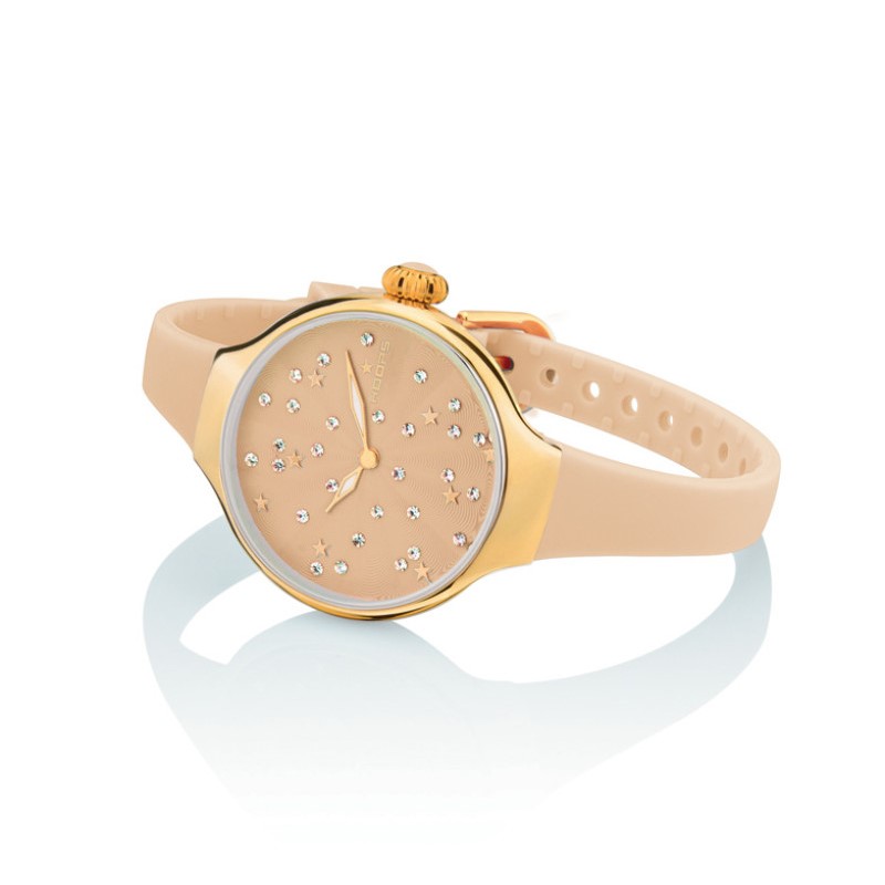 Orologio Hoops 2639LG-12 Donna Elegante Oro Giallo | Quadrante Beige Glitter Strass Stelle | Cinturino in Silicone/Gomma Nude/Sabbia