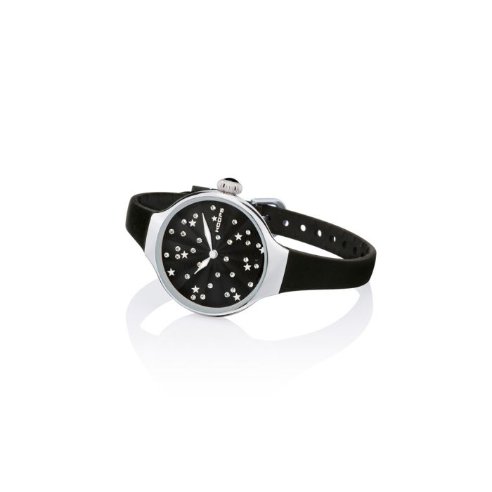 Orologio Hoops 2639L-01 Donna Elegante Silver | Quadrante Nero Glitter Strass | Cinturino in Gomma