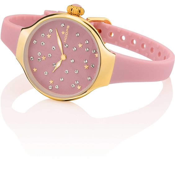 Orologio Hoops 2639LG-05 Donna Elegante Oro Giallo | Quadrante Rosa Glitter Strass Stelle | Cinturino in Silicone Rosa Cipria