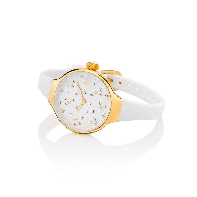 Orologio Hoops 2639LG-10 Donna Elegante Oro Giallo | Quadrante Bianco Strass Glitter Stelle | Cinturino in Silicone/Gomma Bianca