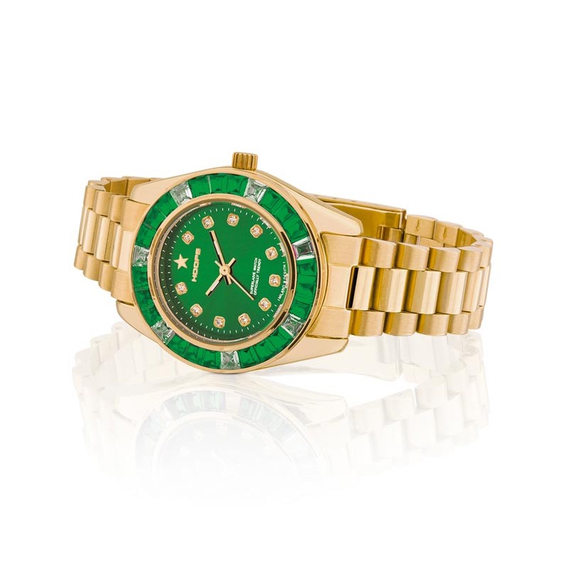 Orologio Hoops 2644LG06 Donna Lusso Oro Giallo | Ghiera Cristalli Verde Smeraldo | Bracciale Acciaio Oro | Quadrante Verde Indici Diamanti