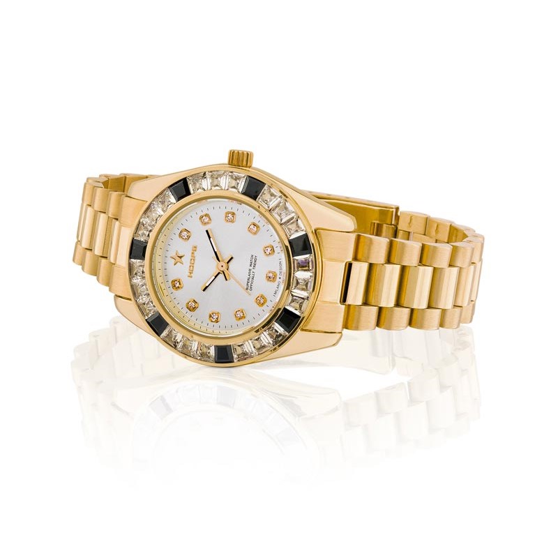 Orologio Hoops 2644LG07 Donna Lusso Oro Giallo | Ghiera Cristalli Diamanti Bianchi e Neri | Bracciale Acciaio Oro | Quadrante Bianco | Made in Italy