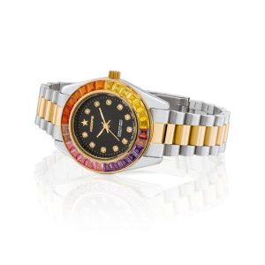 Orologio Hoops 2644L-SG02 Donna Lusso Bicolore Silver/Oro | Ghiera Rainbow Cristalli Arcobaleno | Quadrante Nero | Bracciale Acciaio