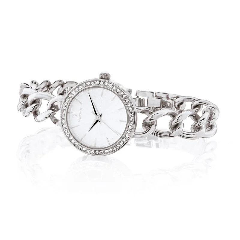 Orologio Hoops 2645L-S02 Donna Catena Lusso | Cassa e Bracciale in Acciaio Silver | Ghiera Strass Cristalli | Quadrante Bianco