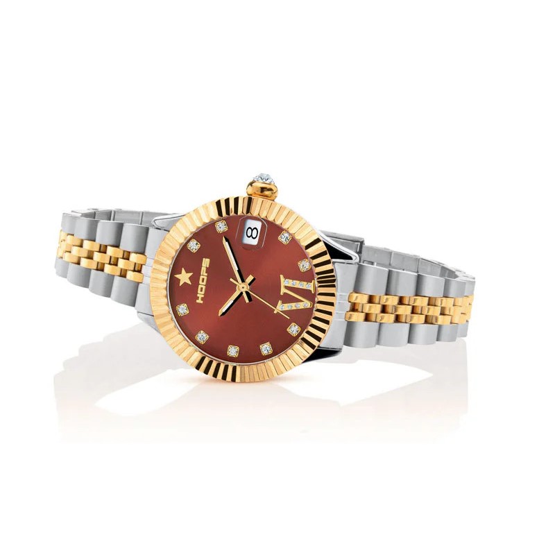 Orologio Hoops 2654LD-SG04 Donna Lusso Bicolore | Ghiera Zigrinata Dorata | Bracciale Acciaio Silver/Oro | Quadrante Marrone Romani/Diamanti