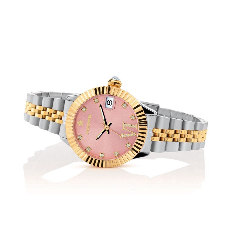 Orologio Hoops 2654LD-SG05 Donna Lusso Bicolore | Ghiera Zigrinata Dorata | Bracciale Acciaio Silver/Oro | Quadrante Rosa Cipria Romani/Diamanti