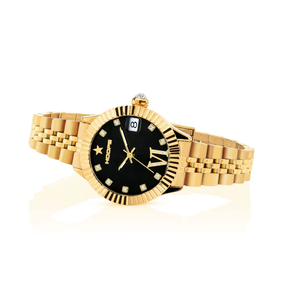 Orologio Hoops 2654LD-YG01 Donna Lusso Oro Giallo | Ghiera Zigrinata | Bracciale Jubilee Acciaio Gold | Quadrante Nero Romani/Diamanti | Made in Italy