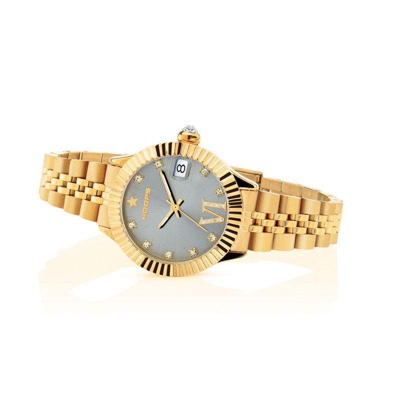 Orologio Hoops 2654LD-YG03 Donna Lusso Oro Giallo | Ghiera Zigrinata | Bracciale Jubilee Acciaio Gold | Quadrante Grigio Perla Romani/Diamanti | Made in Italy