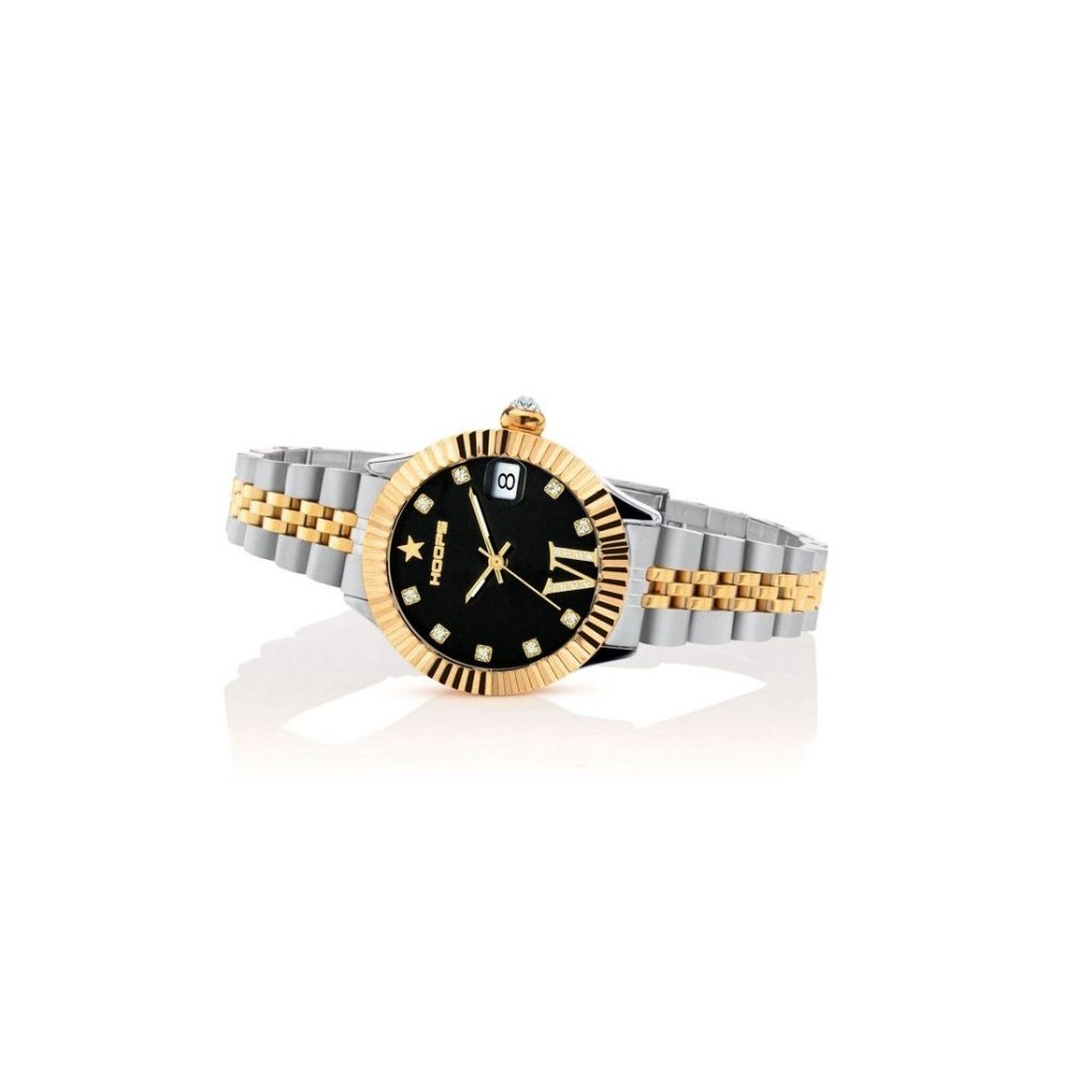 Orologio Hoops 2654LD-SG01 Donna Lusso Bicolore | Ghiera Zigrinata Dorata | Bracciale Acciaio Silver/Oro | Quadrante Nero Indici Romani/Diamanti