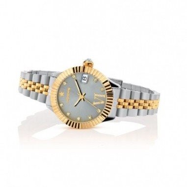 Orologio Hoops 2654LD-SG03 Donna Lusso Bicolore | Ghiera Zigrinata Dorata | Bracciale Acciaio Silver/Oro | Quadrante Grigio Perla Indici Romani/Diamanti