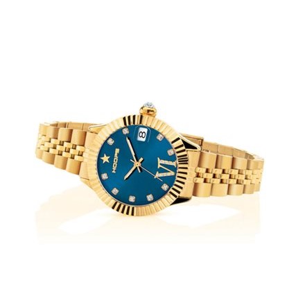 Orologio Hoops 2654LD-YG06 Donna Lusso Oro Giallo | Ghiera Zigrinata | Bracciale Jubilee Acciaio Gold | Quadrante Blu Petrolio Romani/Diamanti | Made in Italy