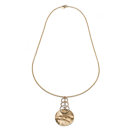 Collana Lunga Dorata UNOAERRE (495) | Pendente a Disco Martellato e Cerchi Pave | Gioiello Statement Made in Italy