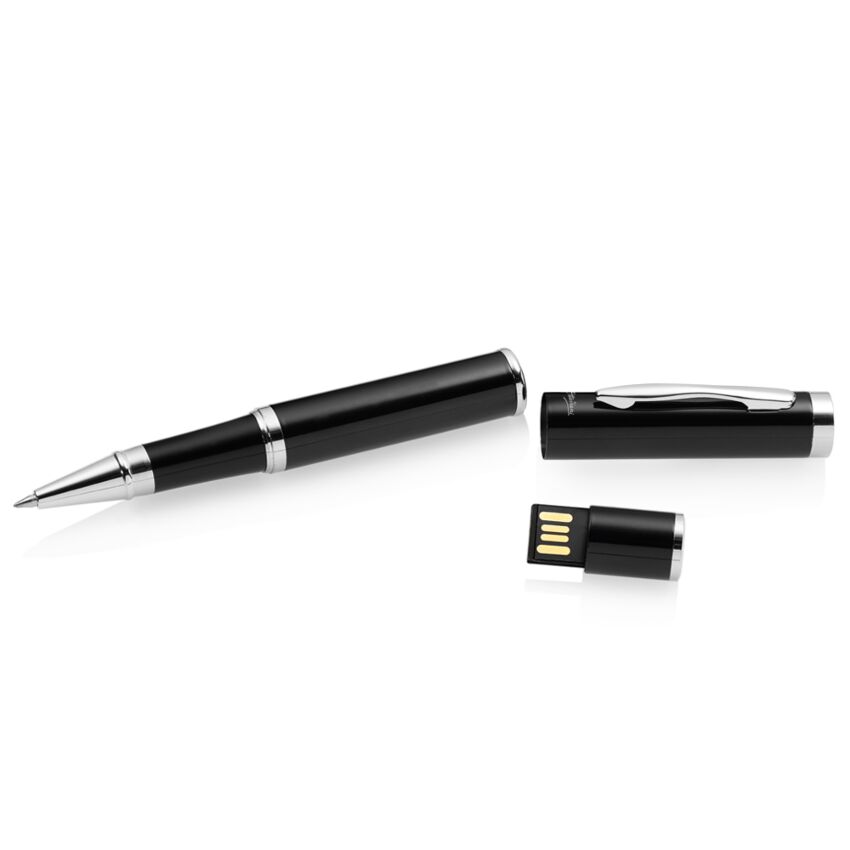 Penna Roller con USB Integrata 16GB di Lusso – Metallo Nero e Cromato