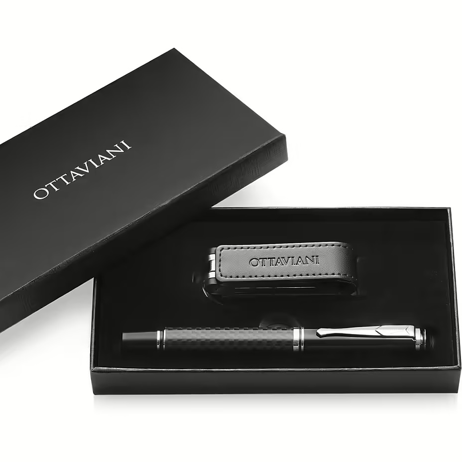 Set Regalo Ottaviani Uomo: Penna Sfera Design Carbonio e Chiavetta USB in Pelle Nera