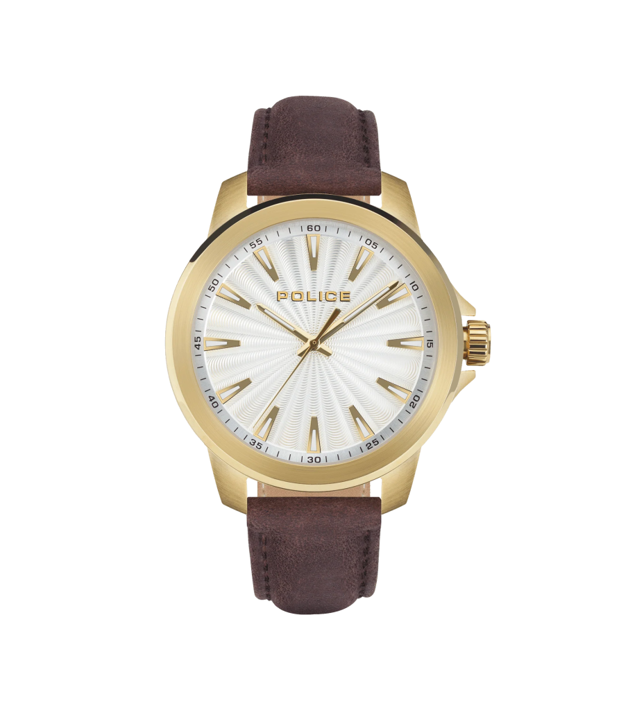 Orologio Uomo Police PEWJA2207804 Oro Rosa e Bianco | Quadrante Raggiato | Cinturino Marrone Pelle Scamosciata