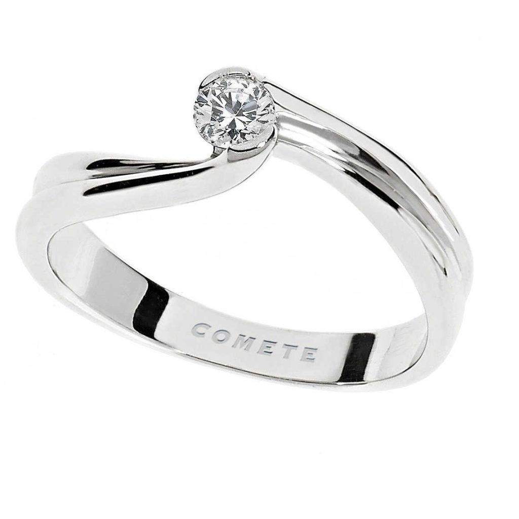 Anello Comete Donna Oro Bianco 18kt con Diamante Solitario - Design Moderno ed Elegante