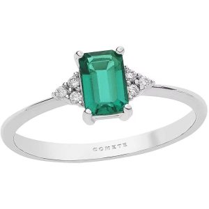 Anello Comete Donna Oro Bianco 18kt Smeraldo Sintetico Taglio Smeraldo e Diamanti - Gioiello Elegante e Prezioso
