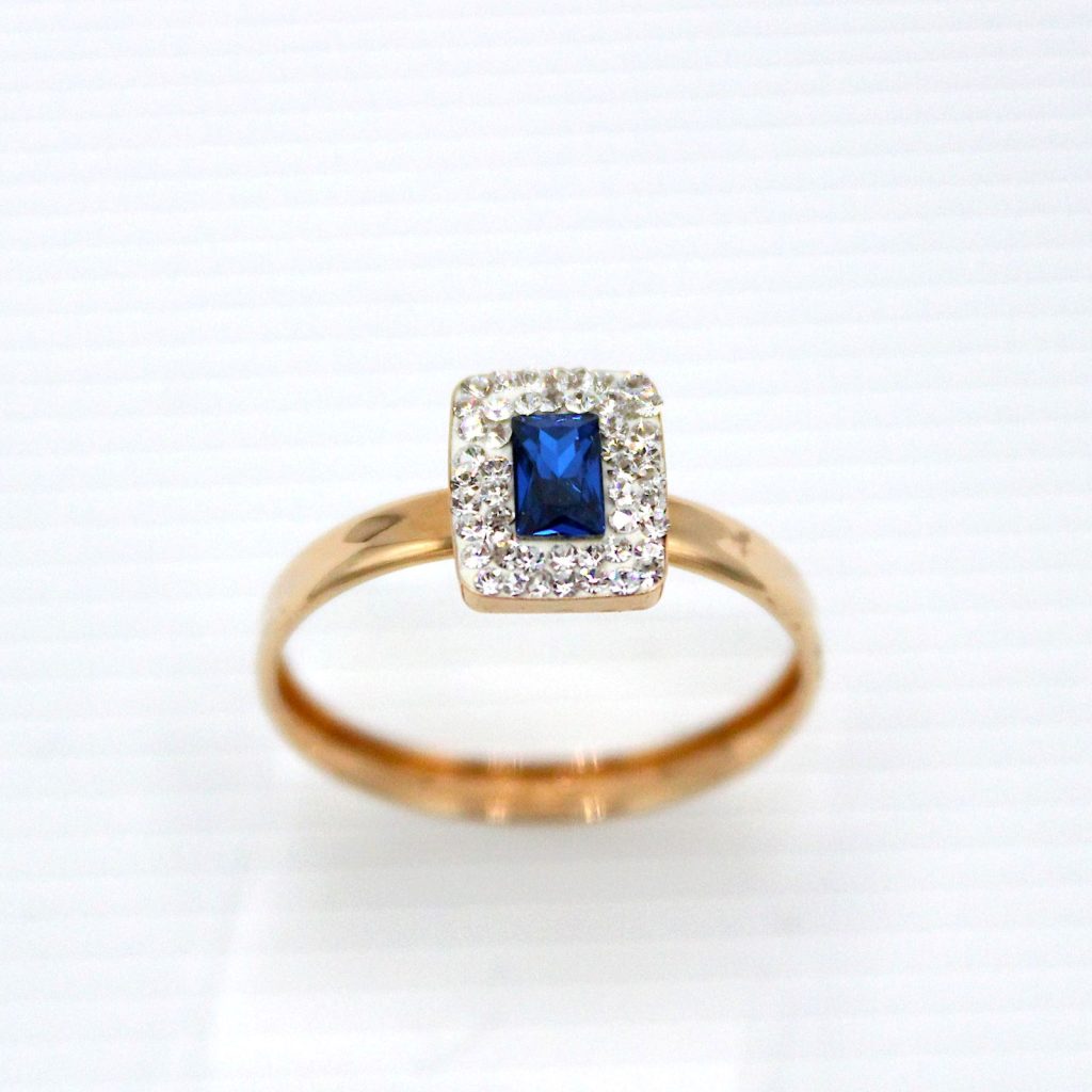 Anello donna con baguette blu e zirconi in oro 18 carati