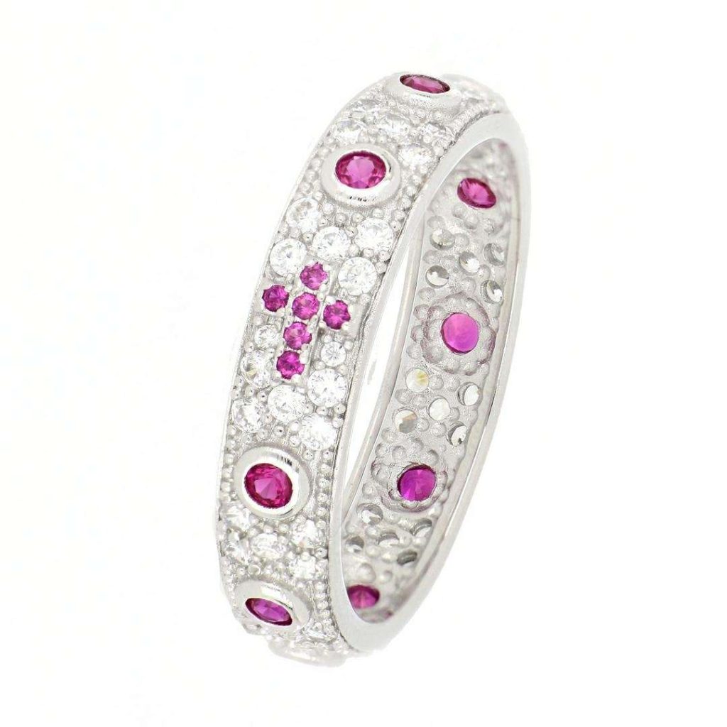 Anello Rosario Oro Bianco 18 Carati con Pavè MM. 4,9