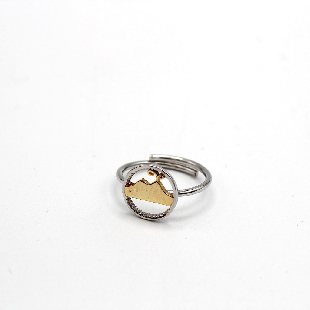 Anello Donna Argento Sterling 925 Made in Italy Vesuvio Stilizzato con Dettaglio Dorato Regolabile