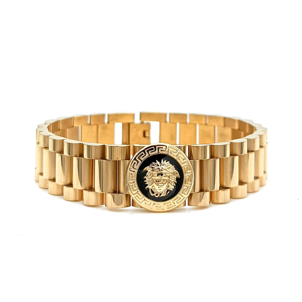 Bracciale in acciaio dorato maglia stile Presidente con medusa