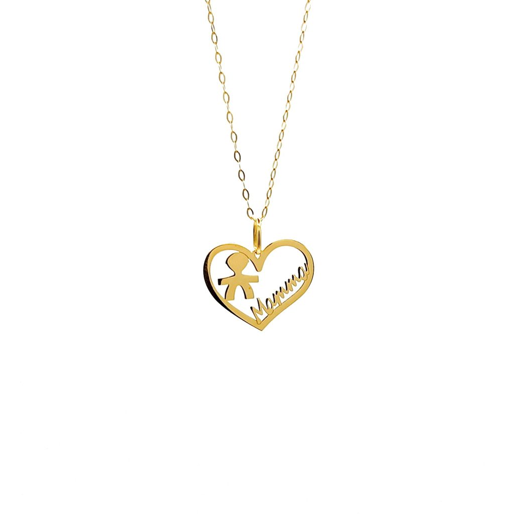 Collana con Ciondolo “Mamma e Bimbo” Cuore in Oro 18 Carati