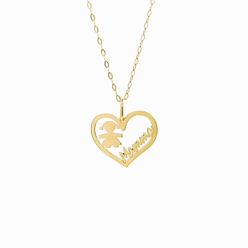 Collana con Ciondolo “Mamma e Bimba” Cuore in Oro 18 Carati
