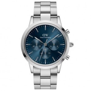 Orologio Daniel Wellington DW00100644 Uomo Iconic Chronograph Argento, Quadrante Blu Sunray e Bracciale Link