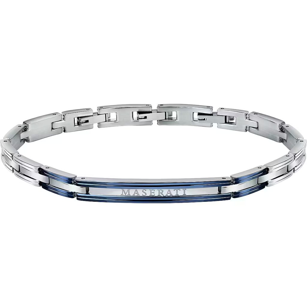 Bracciale Maserati JM121AKT11 Uomo a Piastra in Acciaio con Dettaglio Blu e Logo Maserati
