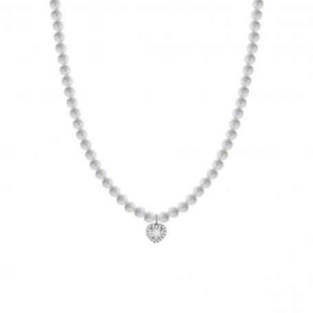 Collana Liu Jo LJ2577 Girocollo Perle Donna con Ciondolo Cuore Pavé Zirconi Silver