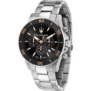 Orologio Maserati R8873600003 Uomo Cronografo Competizione Acciaio Argento, Quadrante Nero Sunray e Dettagli Oro Rosa