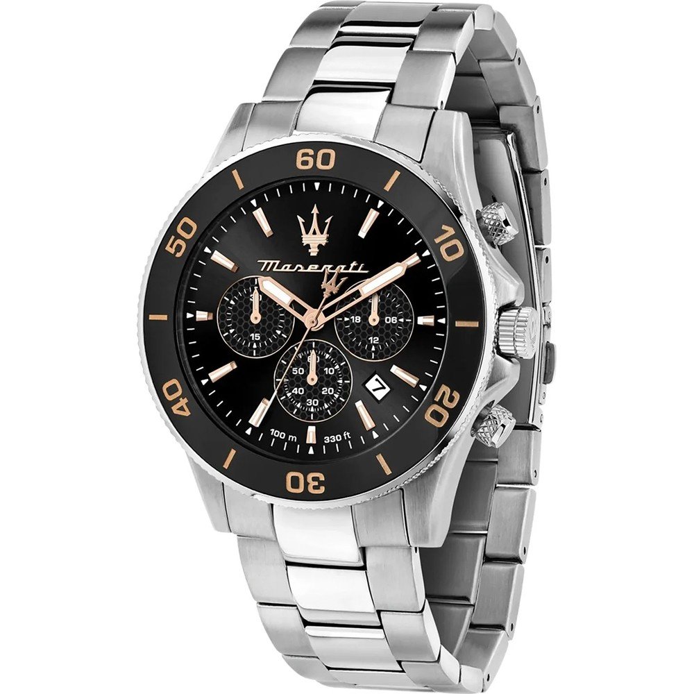 Orologio Maserati R8873600003 Uomo Cronografo Competizione Acciaio Argento, Quadrante Nero Sunray e Dettagli Oro Rosa