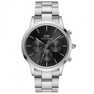 Orologio Daniel Wellington DW00100645 Uomo Iconic Chronograph Argento, Quadrante Nero Sunray e Bracciale Link