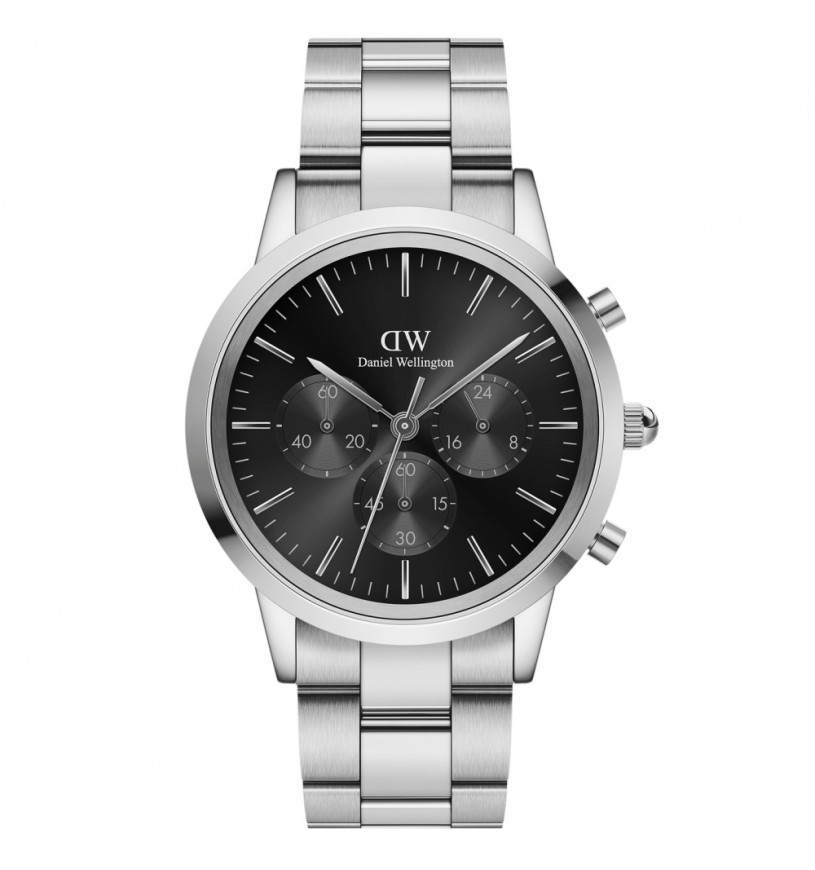 Orologio Daniel Wellington DW00100645 Uomo Iconic Chronograph Argento, Quadrante Nero Sunray e Bracciale Link