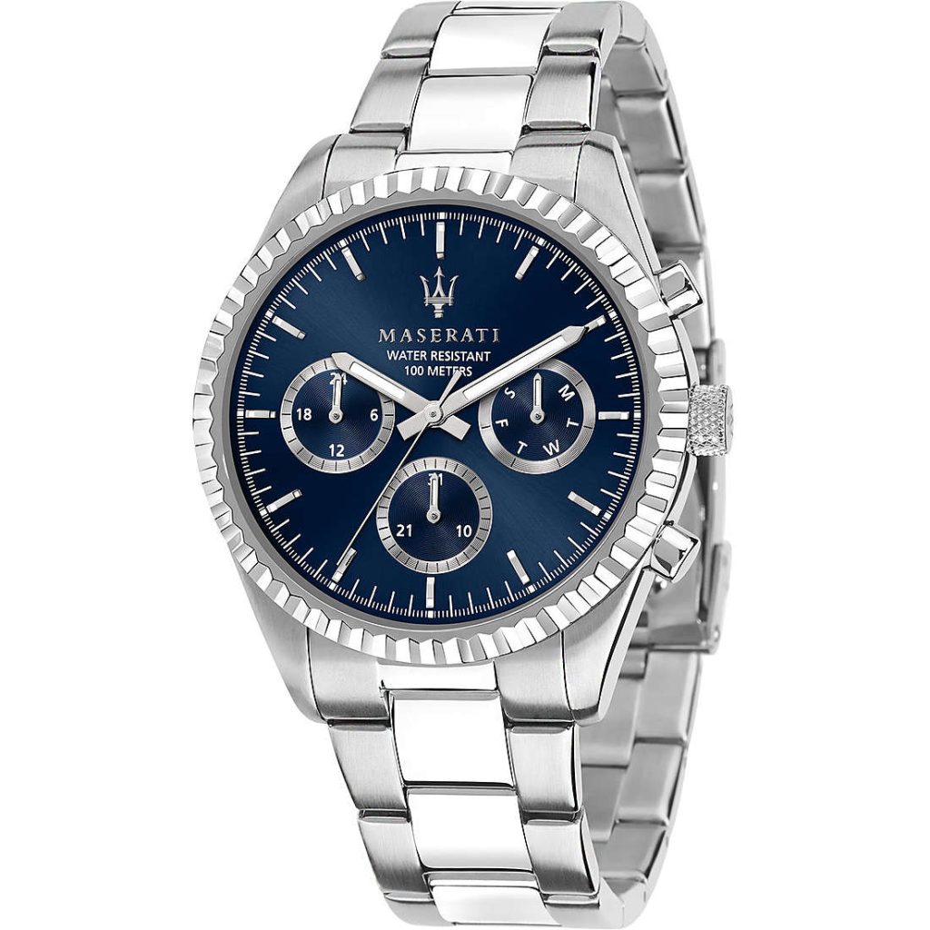 Orologio Maserati r8853100022 Uomo Multifunzione Competizione in Acciaio Inox, Quadrante Blu Sunray e Resistenza 100m